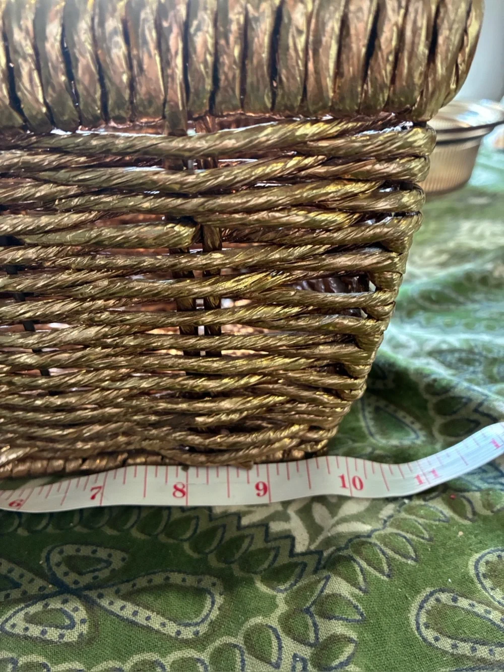 Metallic Gold Woven Abaca Rope Basket, Late 20th Century Rectangle with Handles.